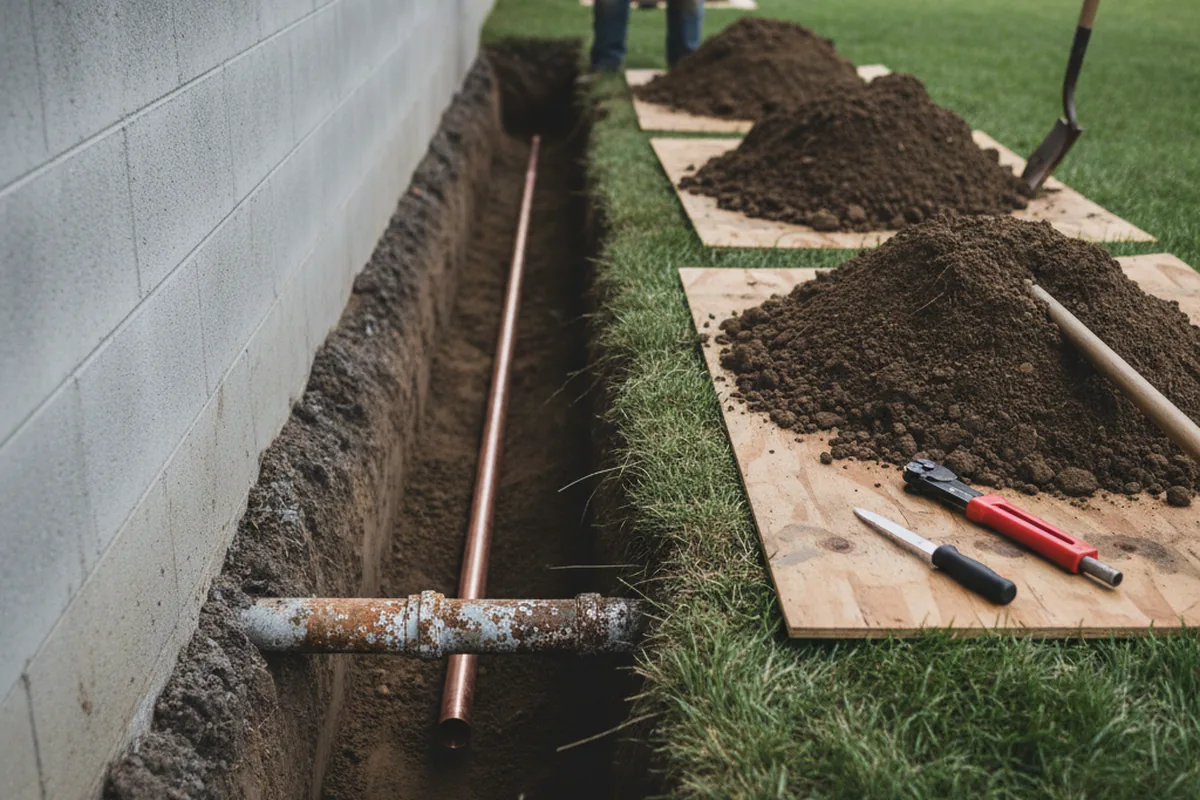 Excavated water line trench during Sewer Line Repair in Bogart